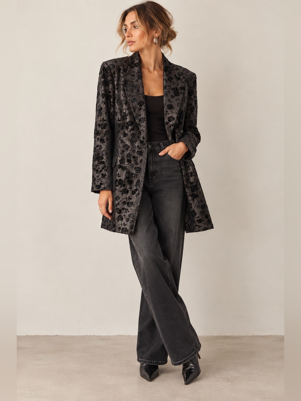 Vintage Black Velvet Floral Flocked Longline Blazer Jacket